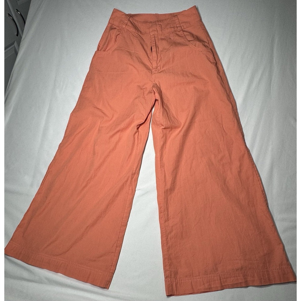 Free People‎ Pants Womens 2 Pink Salmon Cotton High Rise Flared Wide Leg